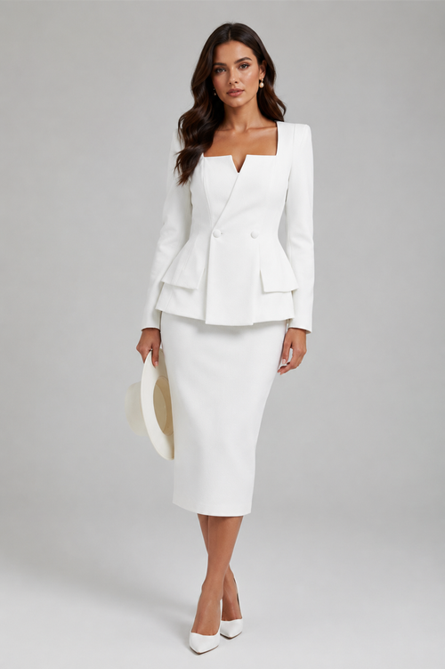 Kylie | Ensemble Blazer Femme - Veste Cintrée & Jupe Longue Chic-blazer femme-Blanc-S-Mysia Paris