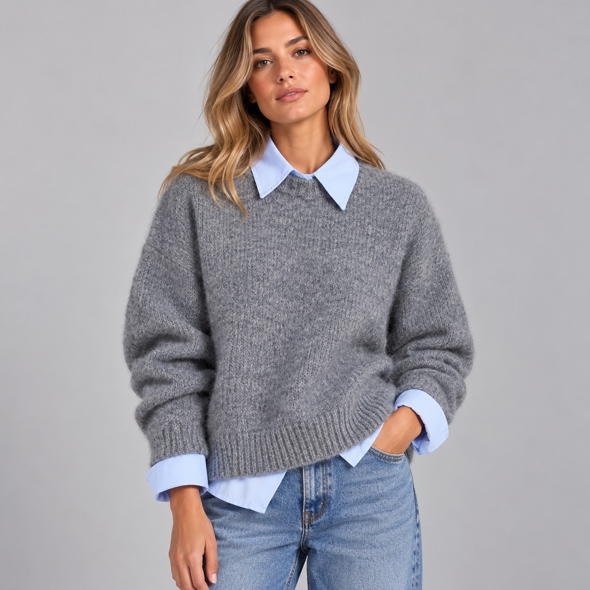 Pull En Laine Femme, Col Chemise Chic - Mysia Paris-women's sweater-Gris-XS-Mysia Paris