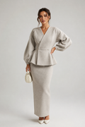 Taylor | Ensemble Blazer Femme Beige Chic - Haut Cache-Cœur & Jupe Longue-blazer femme-Gris-XS-Mysia Paris