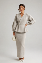 Taylor | Ensemble Blazer Femme Beige Chic - Haut Cache-Cœur & Jupe Longue-blazer femme-Gris-XS-Mysia Paris