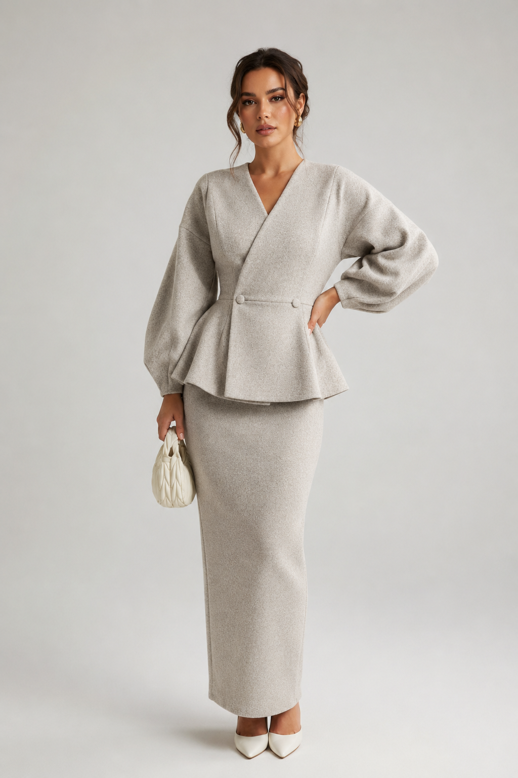 Taylor | Ensemble Blazer Femme Beige Chic - Haut Cache-Cœur & Jupe Longue-blazer femme-Gris-XS-Mysia Paris