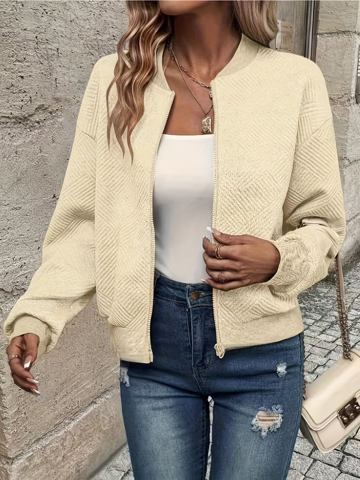 Veste Bomber Femme Texturée Zippée - Motifs Géométriques-manteaux & vestes-Mysia Paris