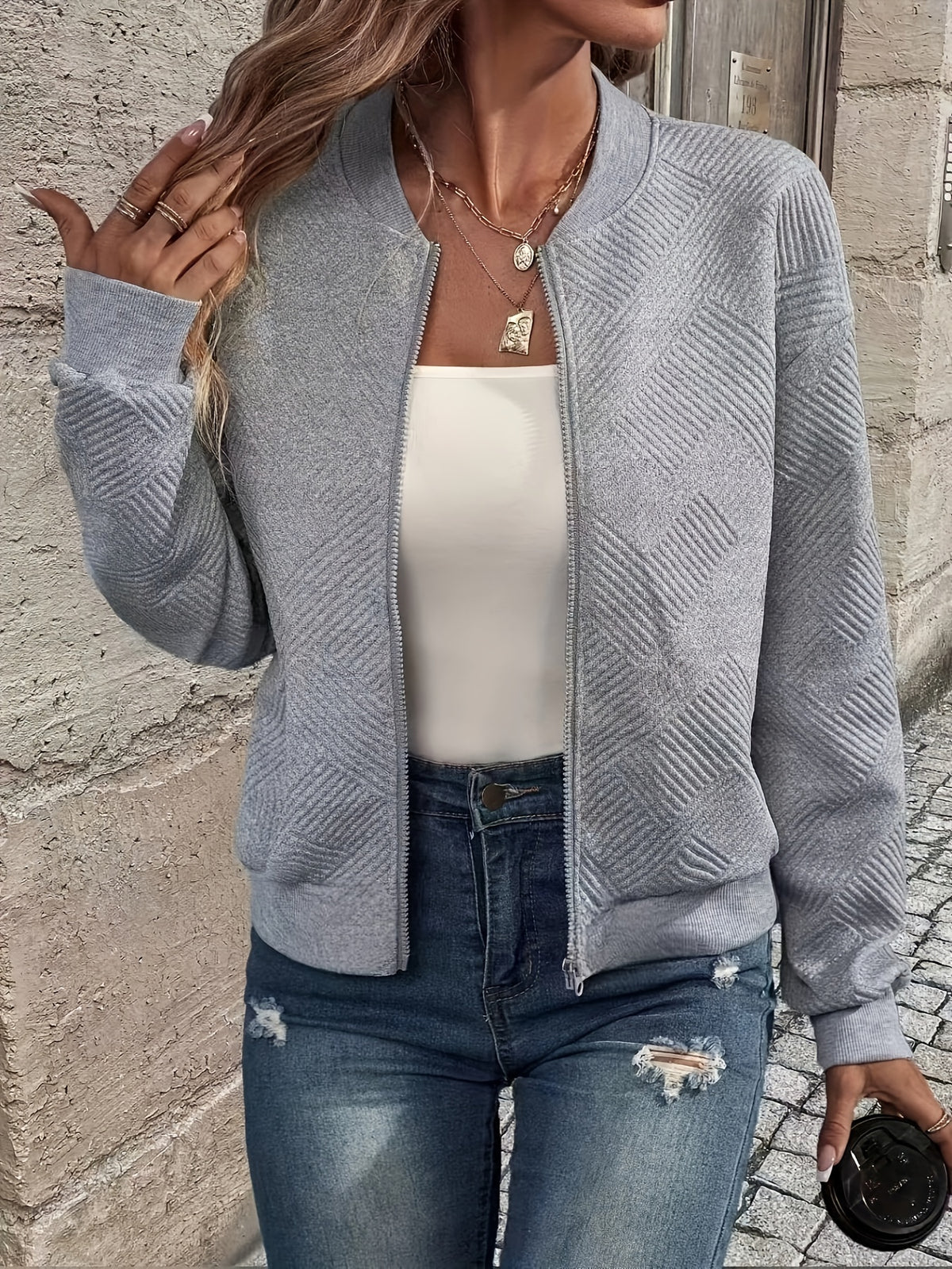 Veste Bomber Femme Texturée Zippée - Motifs Géométriques-manteaux & vestes-Gris-S-Mysia Paris