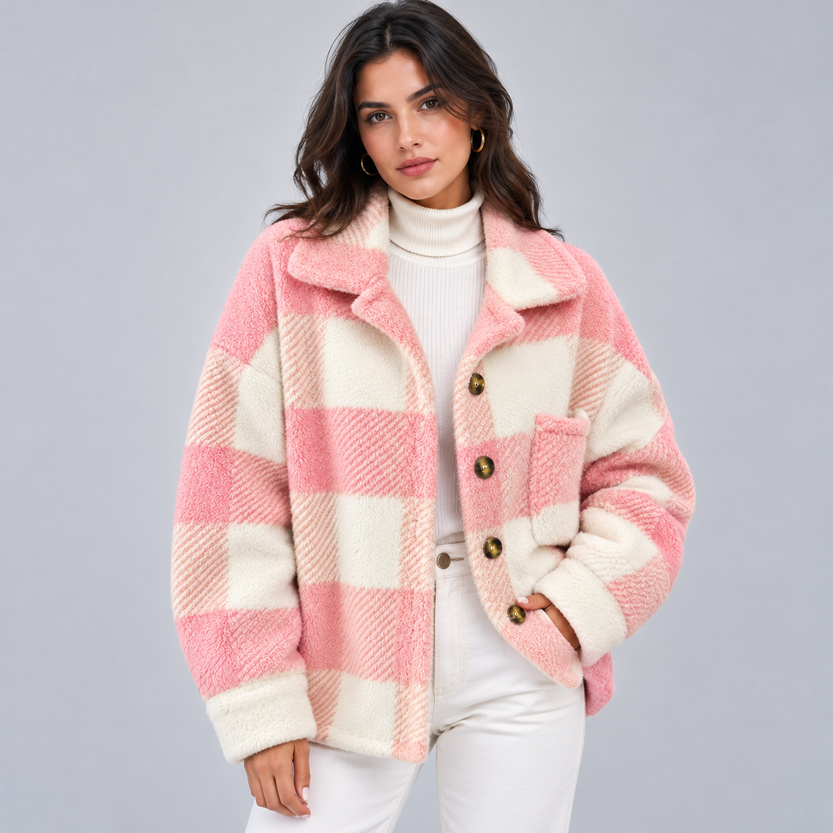 Veste Polaire Femme à Carreaux en Laine, idéale hiver-women's jacket-Rose-S-Mysia Paris